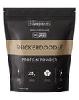 Black and gold packaging of Snickerdoodle protein powder with nutritional information and certification logos.
