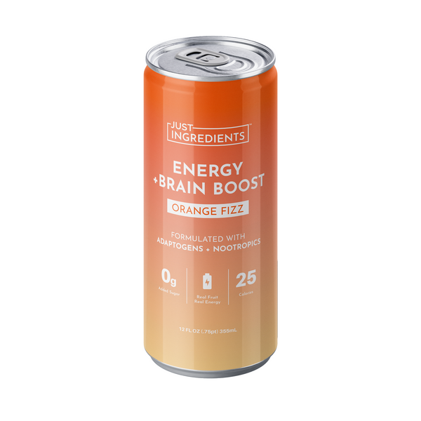 Can of Orange Fizz Energy + Brain Boost drink with nutritional information and branding on the label.