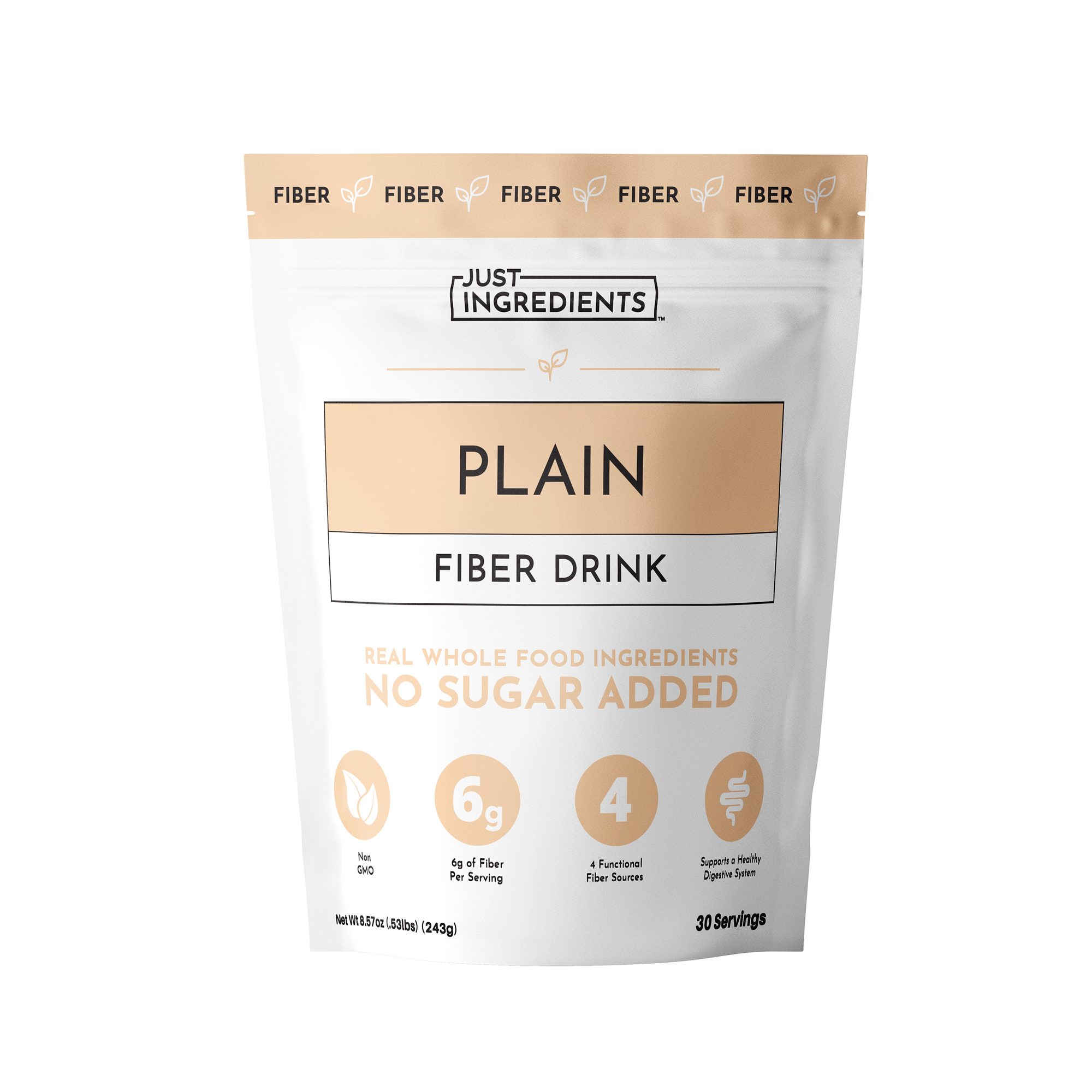 Resealable pouch containing plain fiber drink with 6g of fiber per serving and no added sugar.