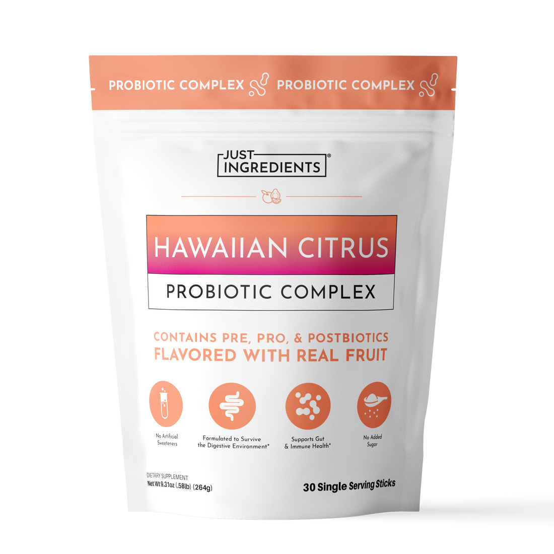 White pouch with coral and pink label containing Hawaiian Citrus Probiotic Complex powder in 30 single serving sticks.