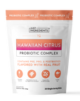 White pouch with coral and pink label containing Hawaiian Citrus Probiotic Complex powder in 30 single serving sticks.