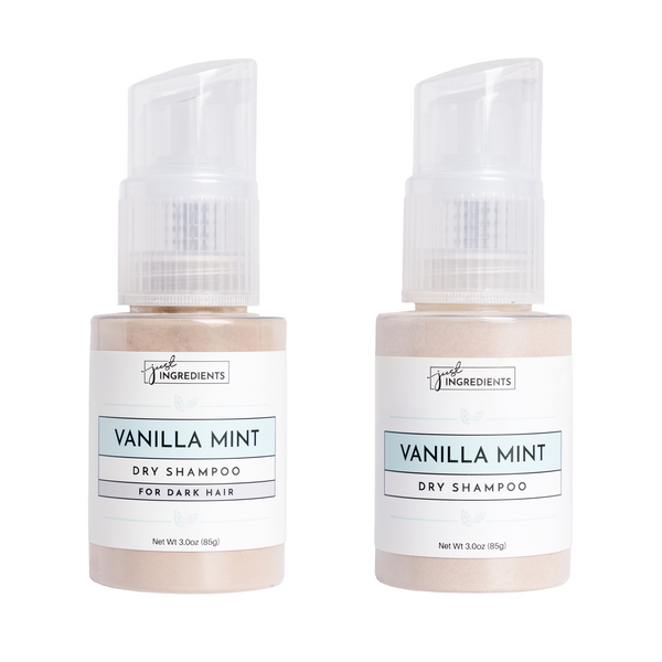 Two bottles of Vanilla Mint dry shampoo for dark hair, each containing 3.0 oz (85g).