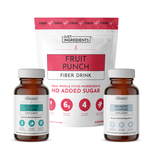 Three Just Ingredients products: Digestive Enzyme Supplement and Probiotic Complex bottles flanking a Fruit Punch Fiber Drink