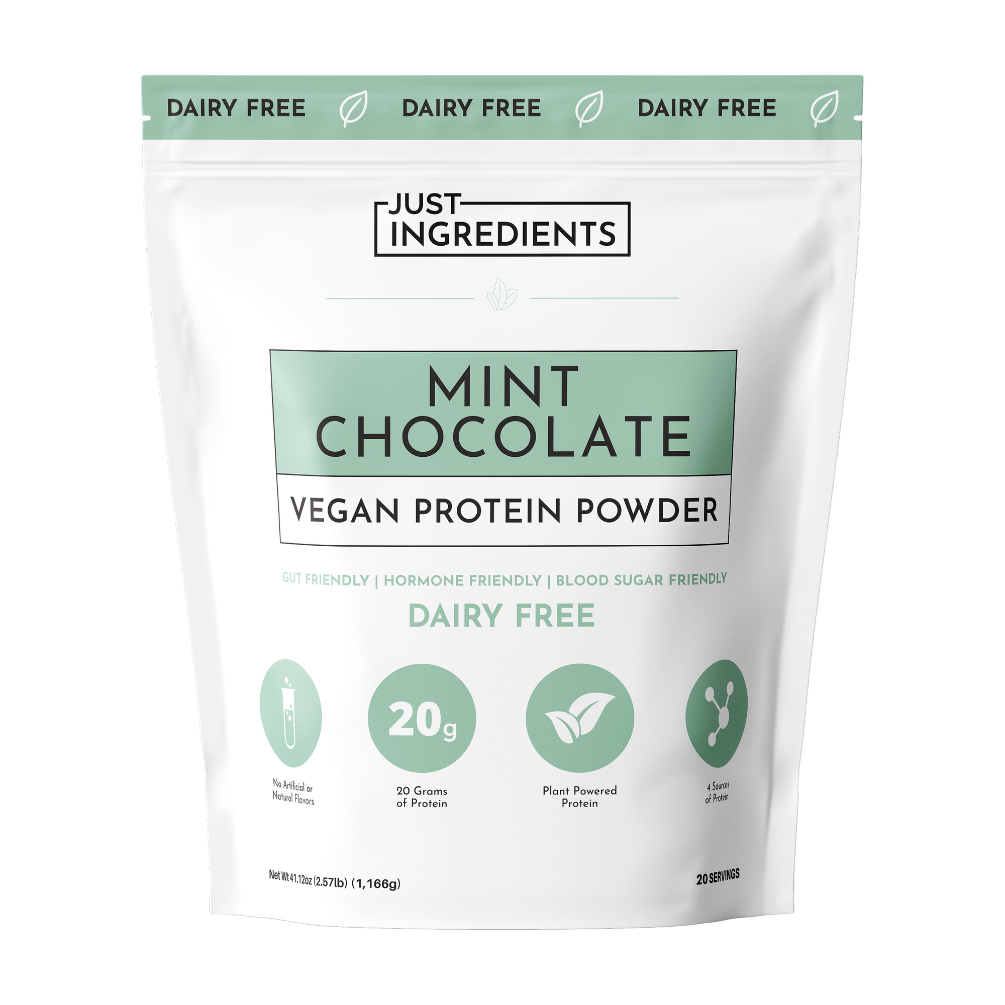Mint chocolate vegan protein powder in a resealable bag, featuring nutritional information and claims about its benefits.