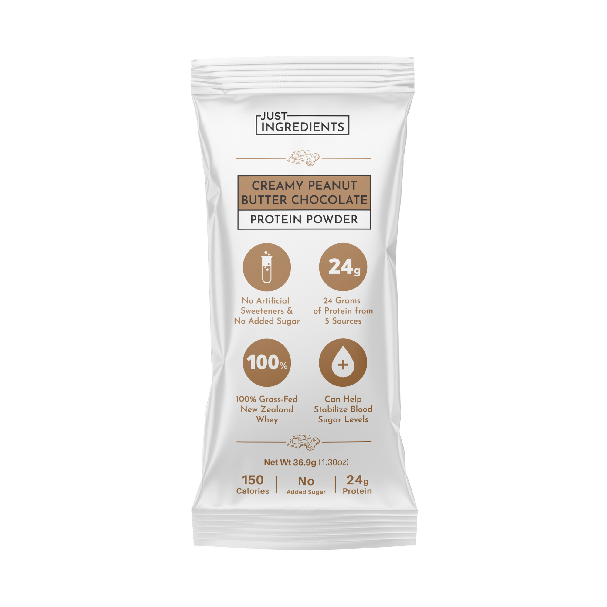 Protein powder stick with creamy peanut butter chocolate flavor, 24g protein, 150 calories, and no added sugar.