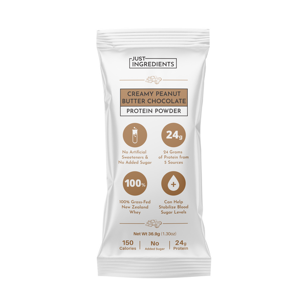 Protein powder stick with creamy peanut butter chocolate flavor, 24g protein, 150 calories, and no added sugar.