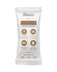 Protein powder stick with creamy peanut butter chocolate flavor, 24g protein, 150 calories, and no added sugar.