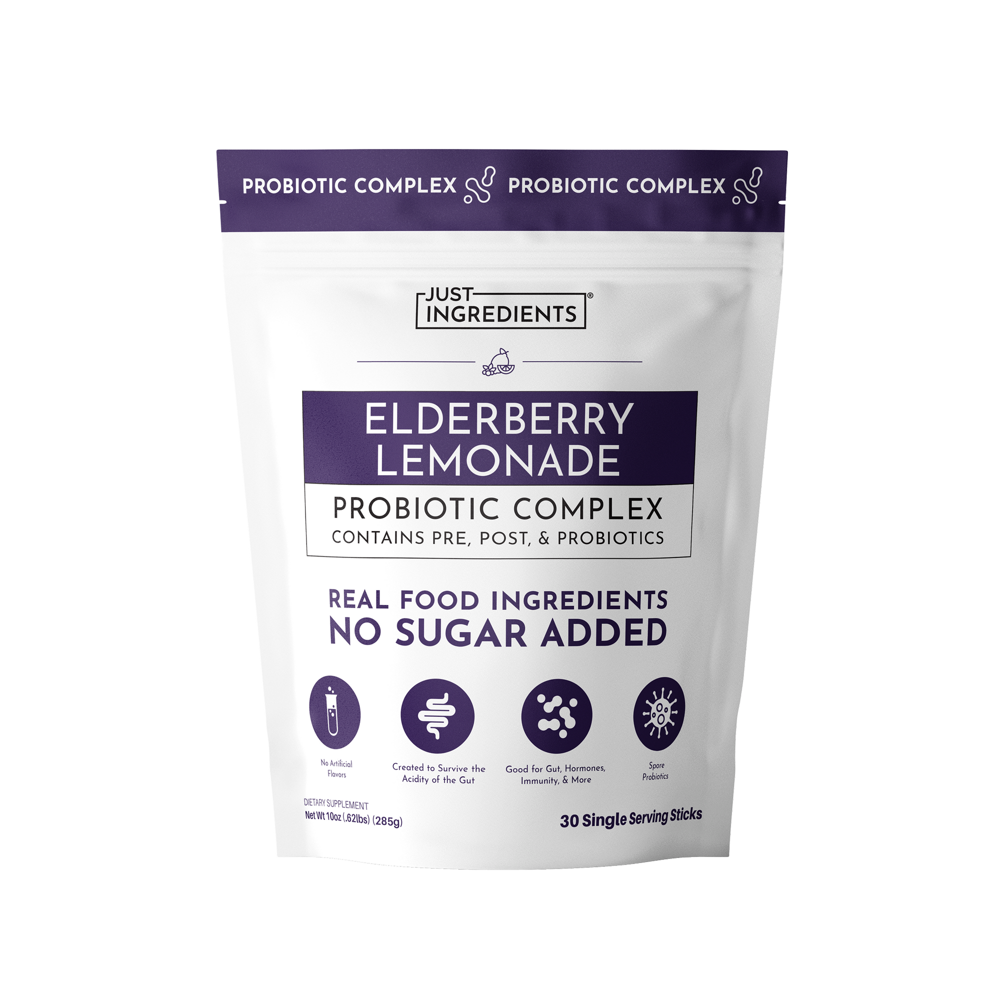 White pouch with purple label containing Elderberry Lemonade Probiotic Complex powder, 30 single serving sticks.