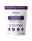 White pouch with purple label containing Elderberry Lemonade Probiotic Complex powder, 30 single serving sticks.