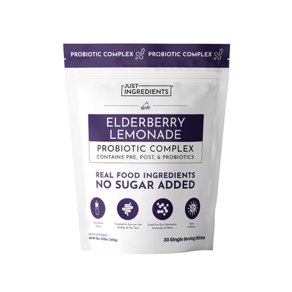 White pouch with purple label containing Elderberry Lemonade Probiotic Complex powder, 30 single serving sticks.