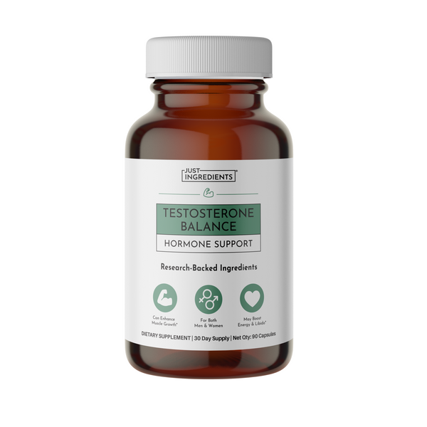 Amber glass bottle of Testosterone Balance dietary supplement with white cap and label describing hormone support benefits.