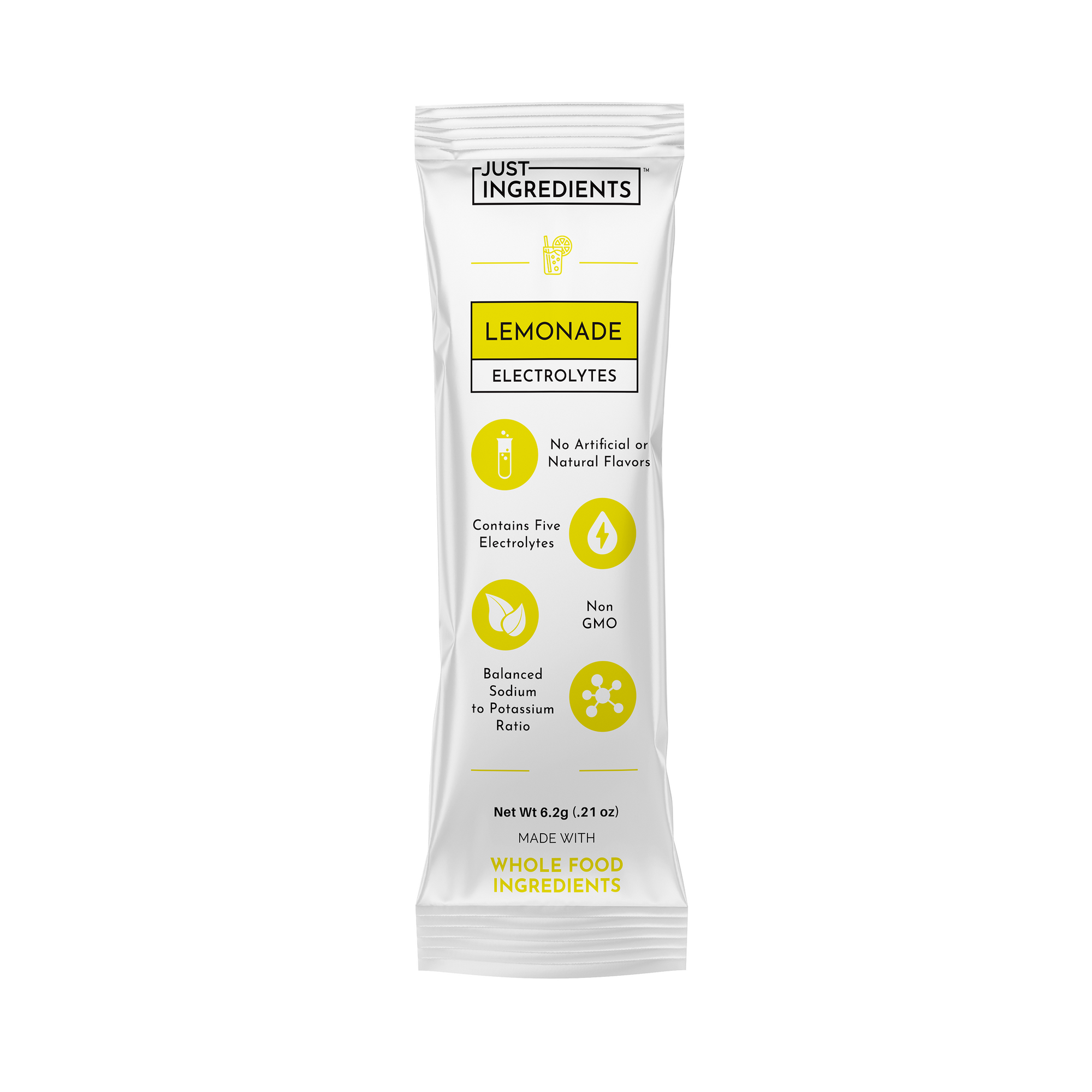 Electrolyte stick packet with lemonade flavor, listing key features and ingredients on the front.
