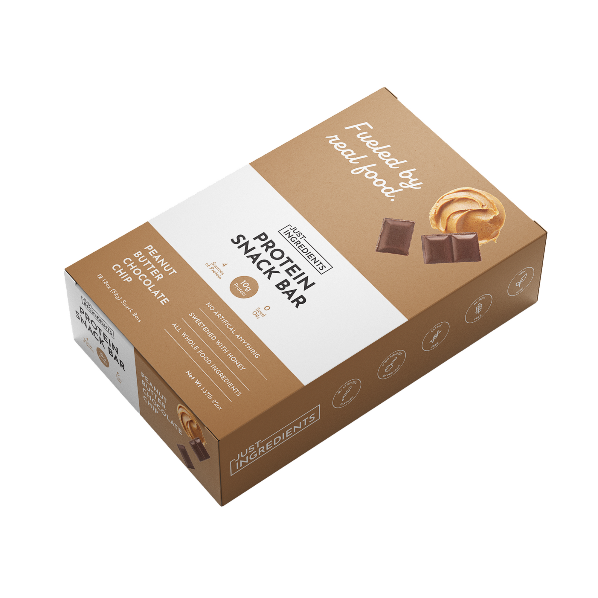 Brown box packaging for peanut butter chocolate chip protein snack bars, featuring nutritional information and branding.
