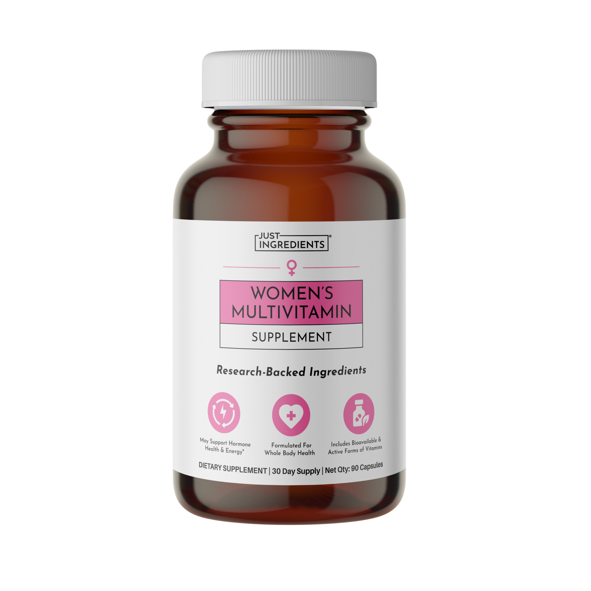 Dark amber glass bottle with white cap containing women's multivitamin supplement with pink label and product information.