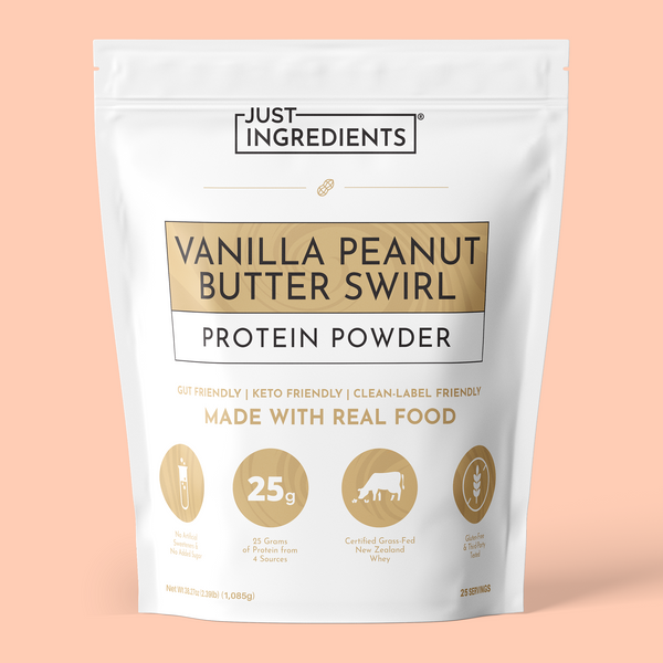 White resealable pouch of Just Ingredients Vanilla Peanut Butter Swirl Protein Powder with product details and icons on front
