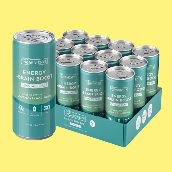 Twelve teal aluminum cans of Coastal Blast Energy + Brain Boost drink displayed in a cardboard case box.