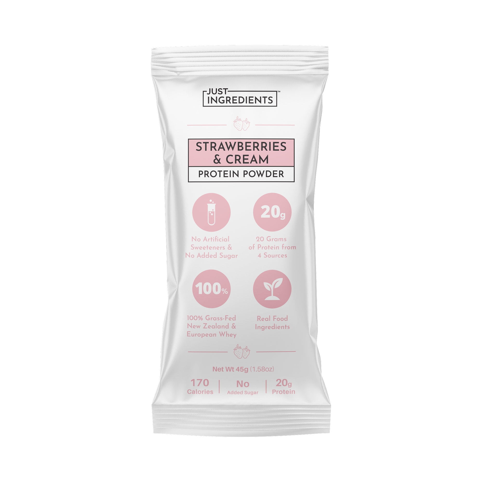 White packaging with pink accents featuring "Strawberries &amp; Cream Protein Powder," highlighting protein content and ingredien