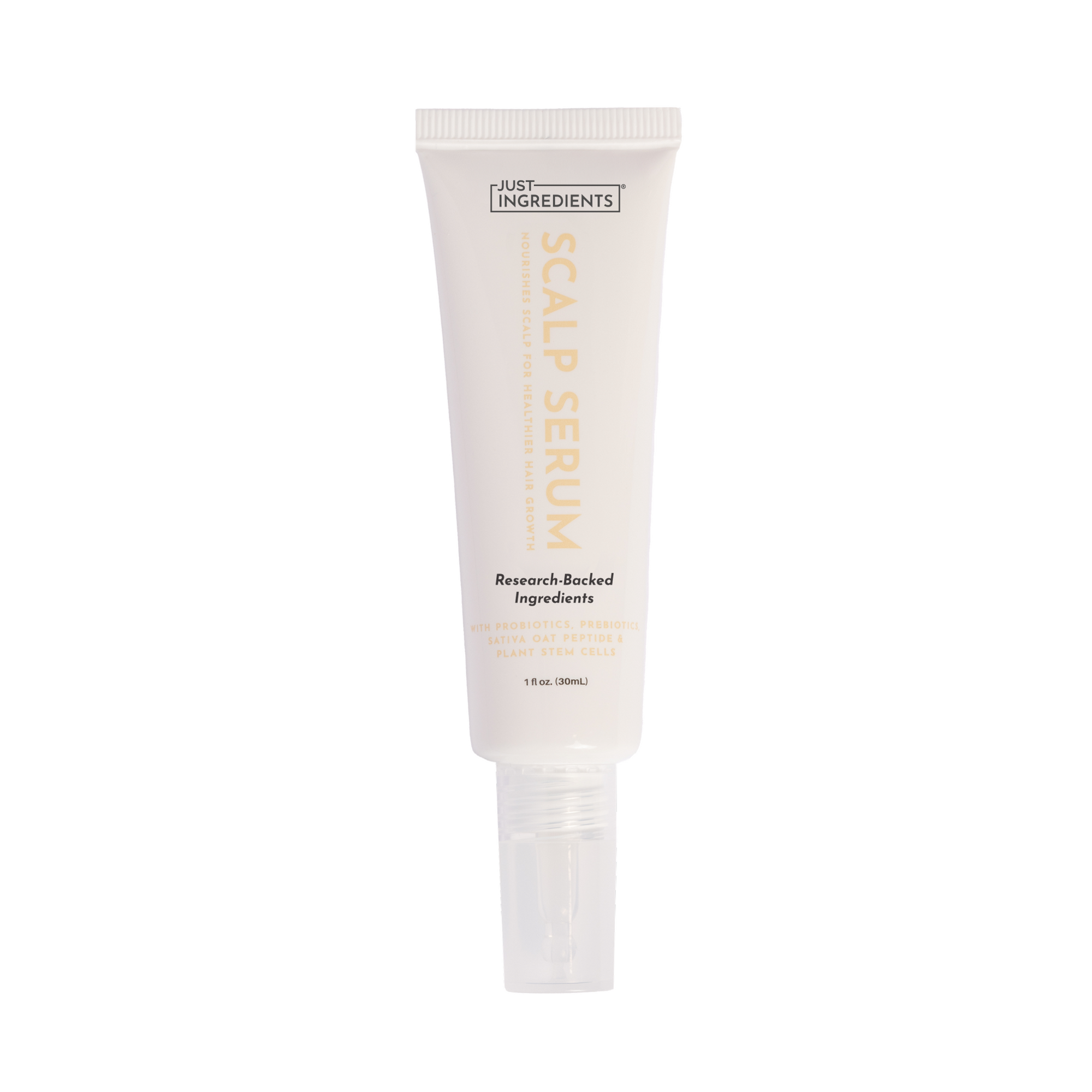 White tube of scalp serum with a pump dispenser on a white background, label visible.