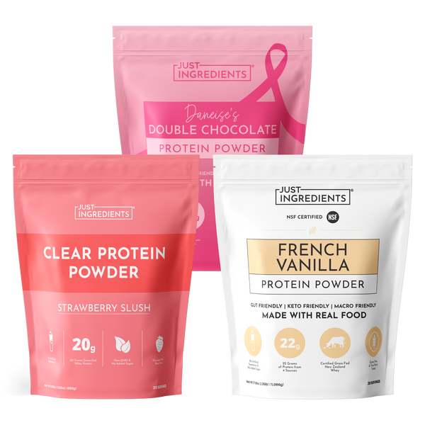 Three protein powder pouches: strawberry slush clear protein, double chocolate protein, and French vanilla protein powder.