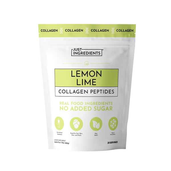 White resealable pouch of Lemon Lime Collagen Peptides with green accents and benefit icons