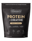 Black pouch labeled "Protein + Creatine" in French Vanilla flavor, featuring nutritional information and serving details.