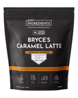 Black pouch of Bryce's Caramel Latte Protein Powder with NSF Certified Sport label and orange accents, containing 25 servings