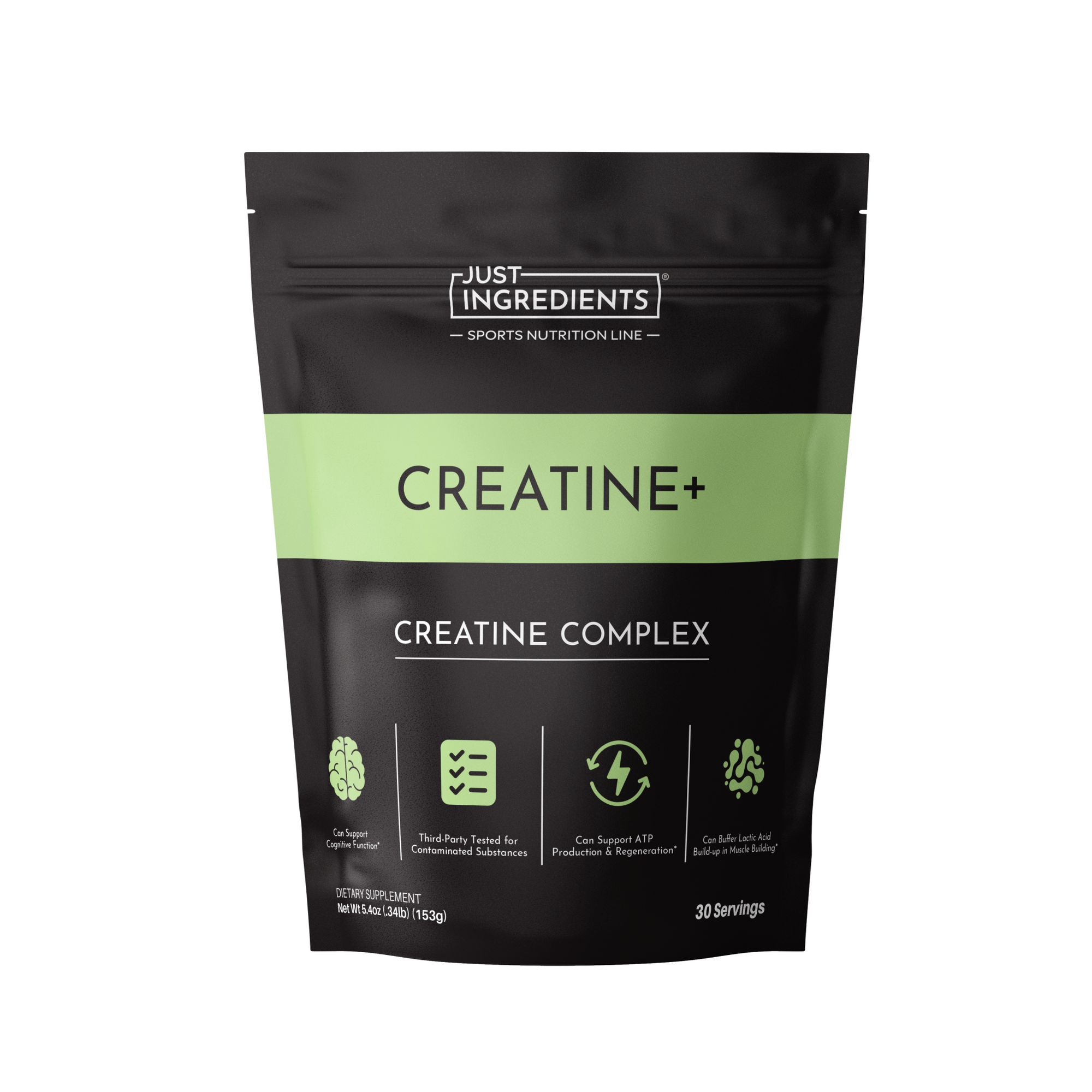 Black and green pouch of Just Ingredients Creatine+ Creatine Complex dietary supplement, 30 servings.