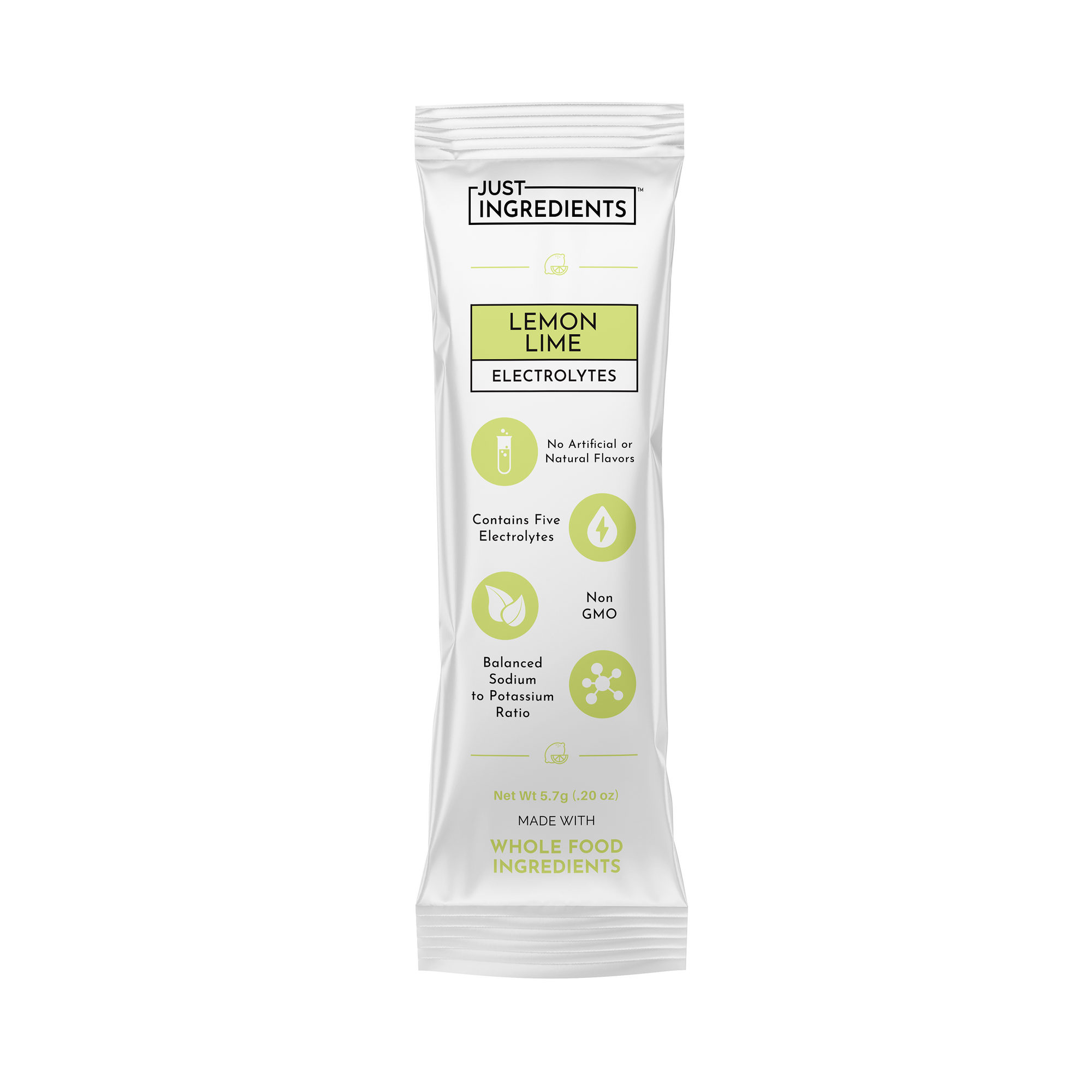 Stick pack of Lemon Lime Electrolytes with information on ingredients and nutritional benefits.