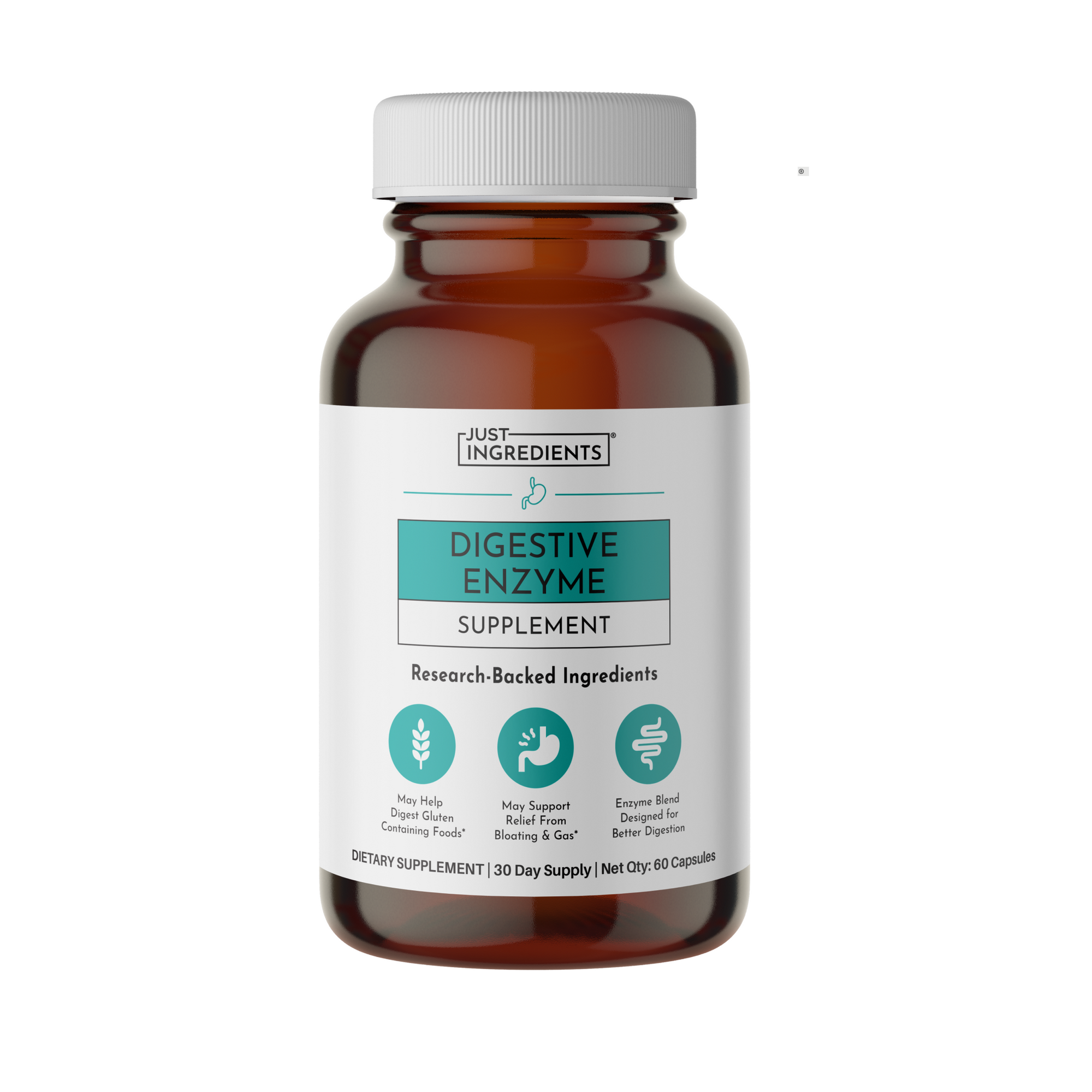 Brown glass bottle with white cap and label reading "Just Ingredients Digestive Enzyme Supplement," containing 60 capsules.