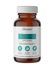 Brown glass bottle with white cap and label reading "Just Ingredients Digestive Enzyme Supplement," containing 60 capsules.