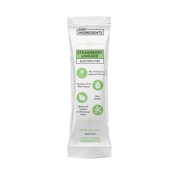 Electrolyte stick packet with strawberry limeade flavor, listing ingredients and nutritional information.