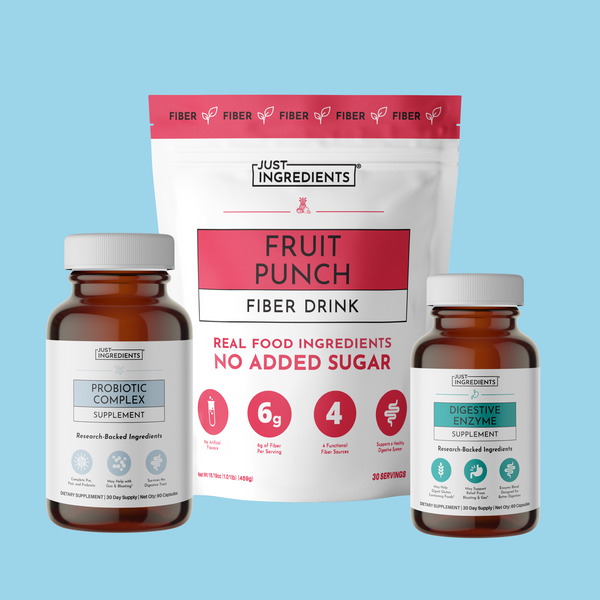 Three brown supplement bottles with white caps: Probiotic Complex on left, Fruit Punch Fiber Drink pouch in center, and Diges