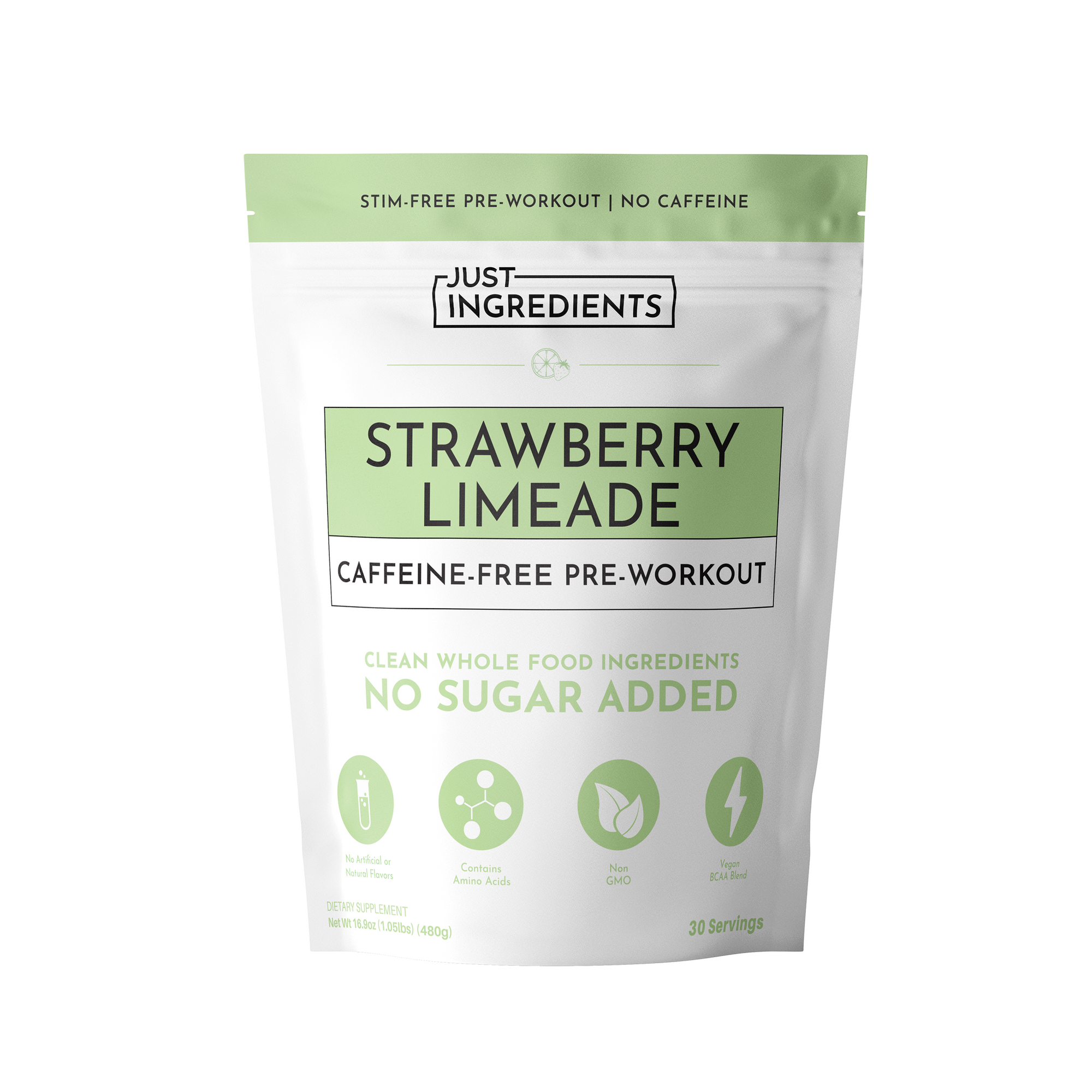 Pouch of caffeine-free strawberry limeade pre-workout supplement with clean ingredients and 30 servings.