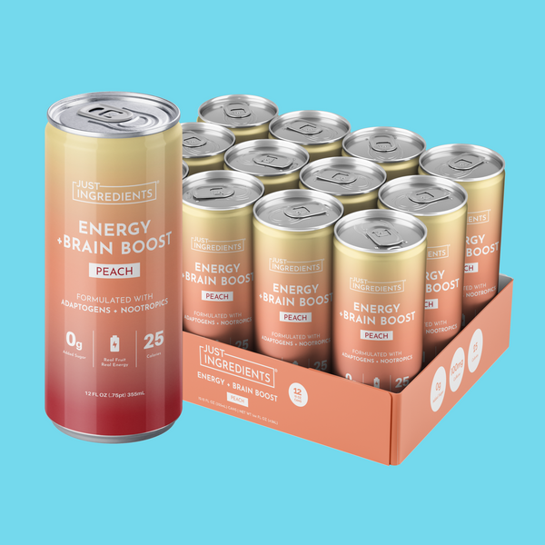 Twelve peach-flavored energy drink cans with gradient yellow-to-red labels in a cardboard box.