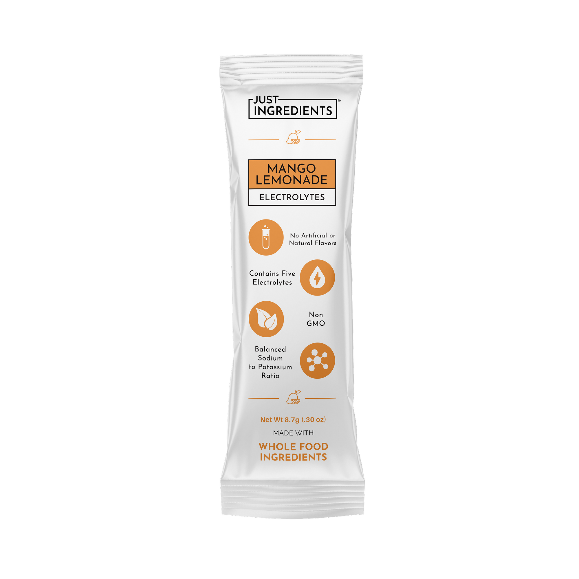Electrolyte stick packet in mango lemonade flavor, featuring nutritional information and ingredient details.