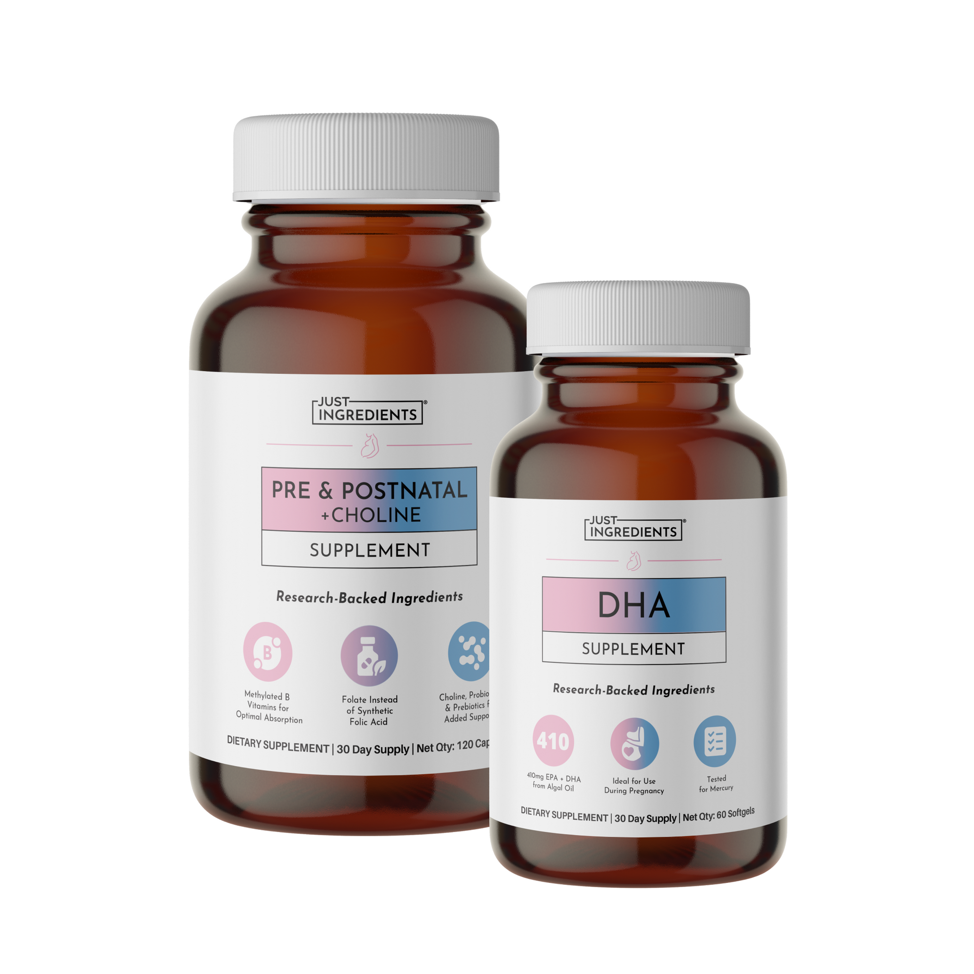 Two amber glass bottles with white caps labeled "Pre &amp; Postnatal + Choline Supplement" and "DHA Supplement" by Just Ingredien