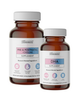 Two amber glass bottles with white caps labeled "Pre & Postnatal + Choline Supplement" and "DHA Supplement" by Just Ingredien