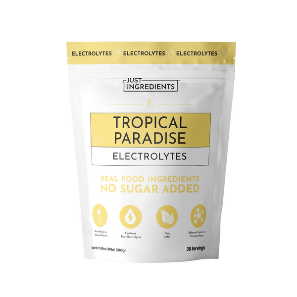 Pouch of Tropical Paradise Electrolytes with yellow accents and information about ingredients and servings.