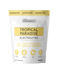 Pouch of Tropical Paradise Electrolytes with yellow accents and information about ingredients and servings.