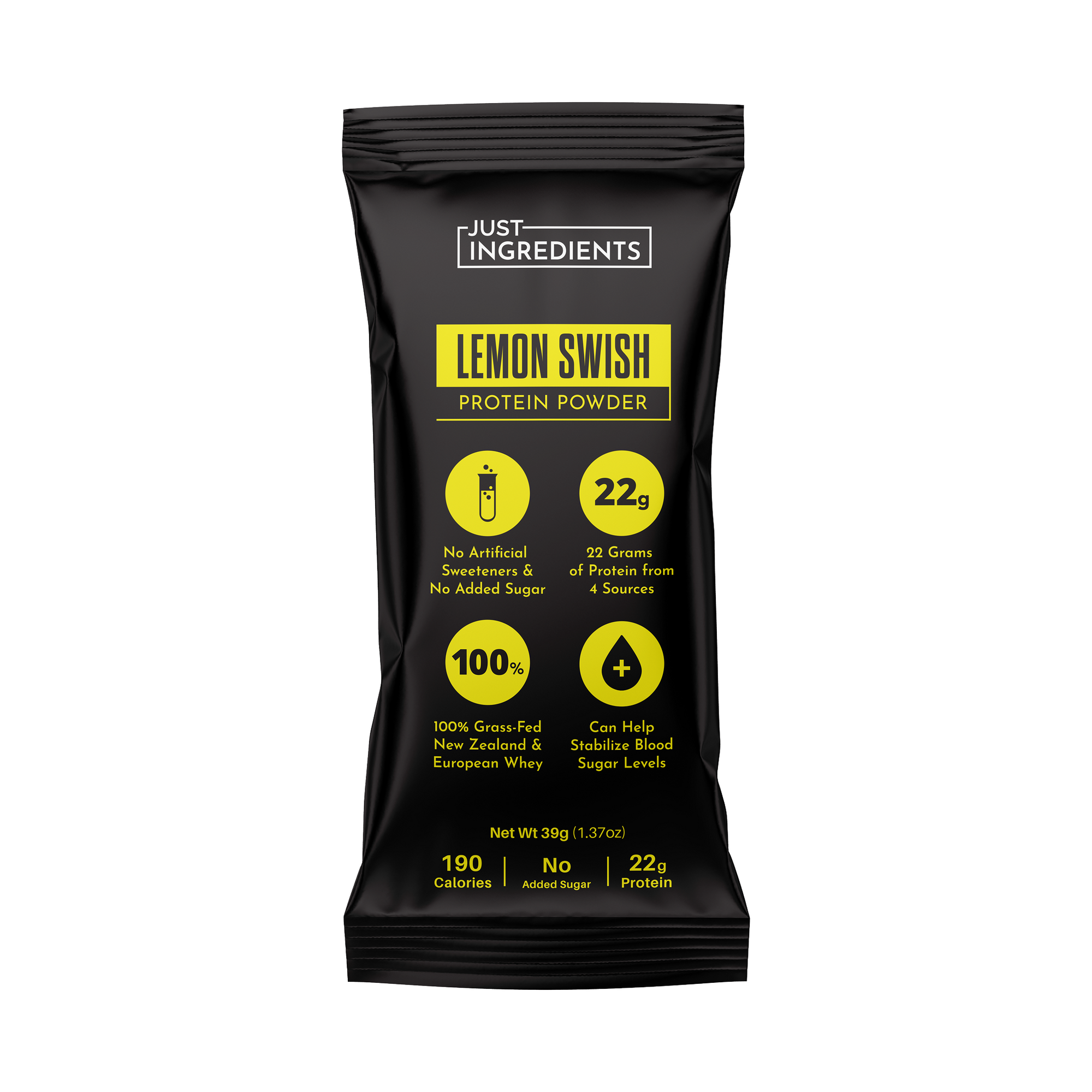 Black packaging of Lemon Swish protein powder stick with yellow text detailing nutritional information and ingredients.