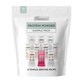 Sample pack containing 10 single-serving protein powder stick packs in various flavors.