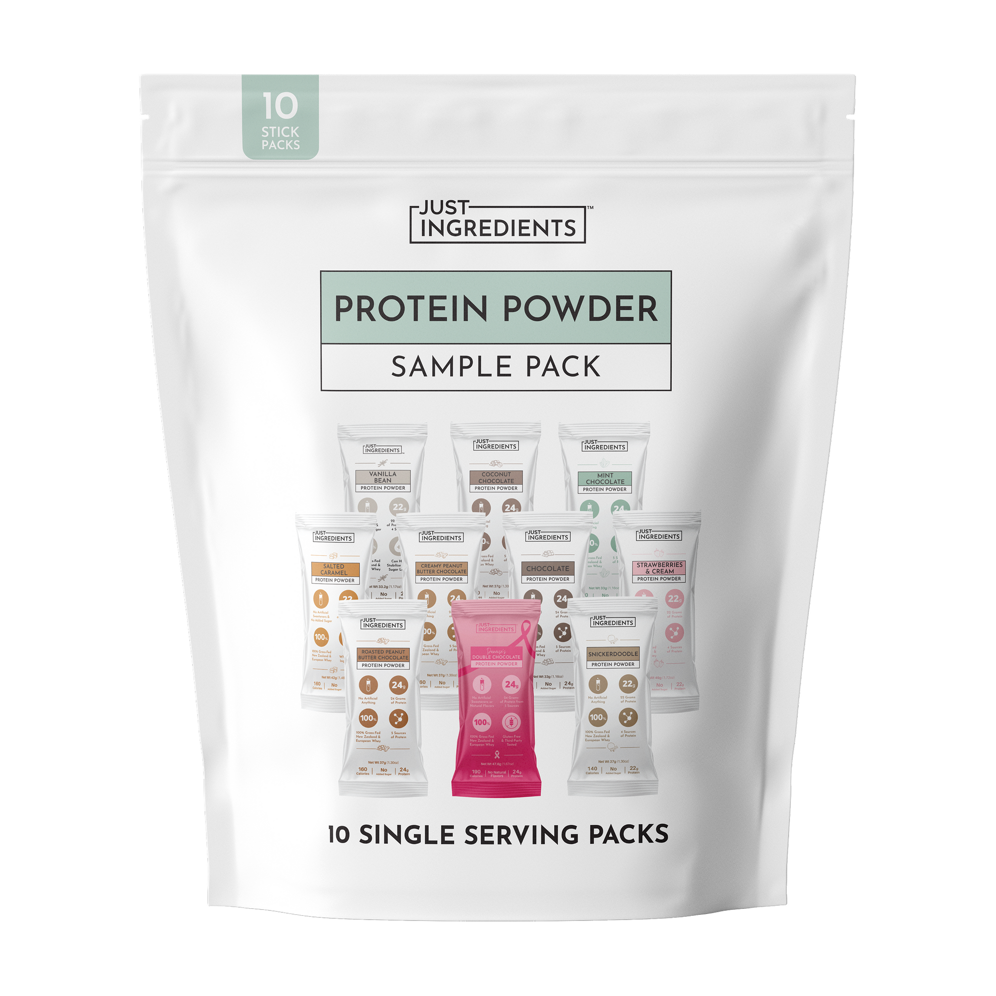 Sample pack containing 10 single-serving protein powder stick packs in various flavors.