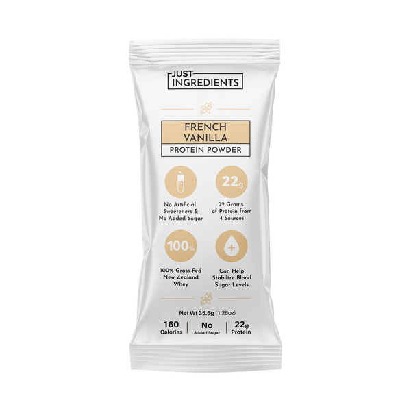 White protein powder stick with French vanilla label and nutritional information on the front.
