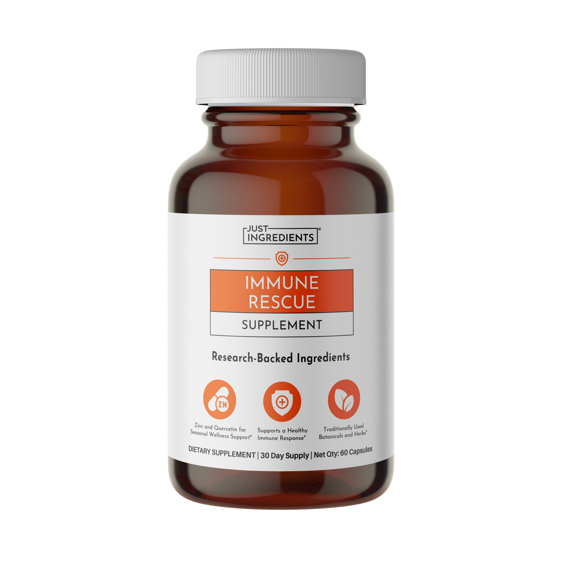 Dark amber glass bottle with white cap labeled "Just Ingredients Immune Rescue Supplement," 60 capsules, 30-day supply.