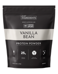 Black and white packaging for Vanilla Bean Protein Powder, featuring nutritional information and NSF certification.