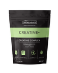 Black pouch labeled "Creatine+" with green accents, detailing a creatine complex and serving information.