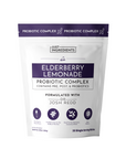 Pouch of Elderberry Lemonade Probiotic Complex with 30 single serving sticks, featuring health benefits and ingredient detail