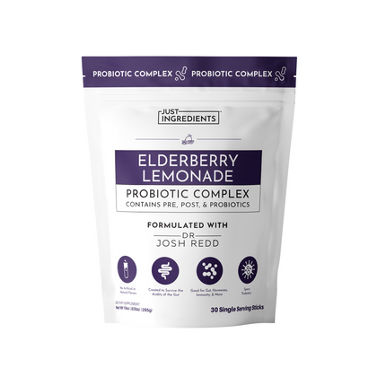 Pouch of Elderberry Lemonade Probiotic Complex with 30 single serving sticks, featuring health benefits and ingredient detail