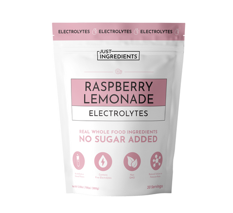Pouch of Raspberry Lemonade Electrolytes with details on ingredients and servings, featuring a pink and white design.