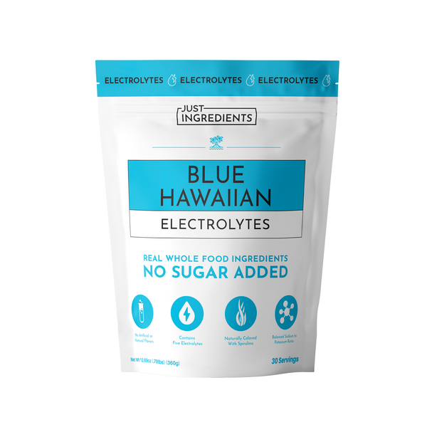 Pouch of Blue Hawaiian Electrolytes with a blue and white design, listing ingredients and serving information.
